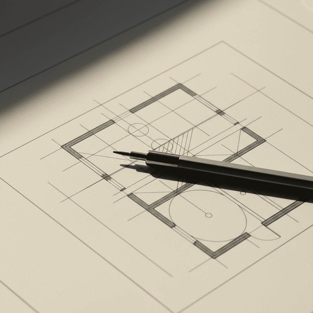 Pencil resting on architectural blueprint with precise geometric linework