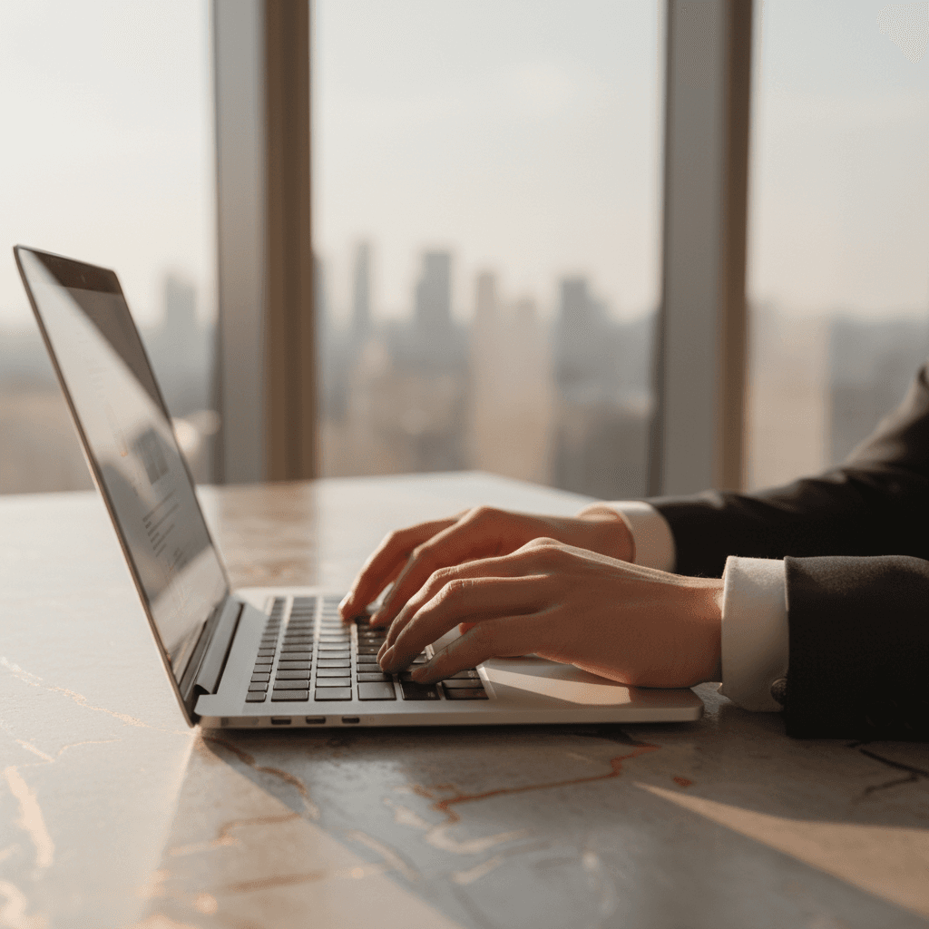 Professional in a suit taking a call at a minimalist desk