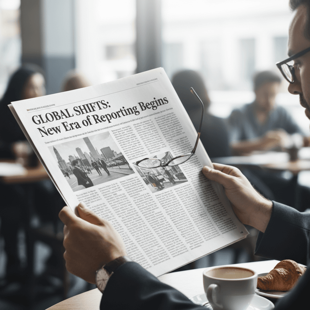 Professional reading a newspaper while holding a coffee cup